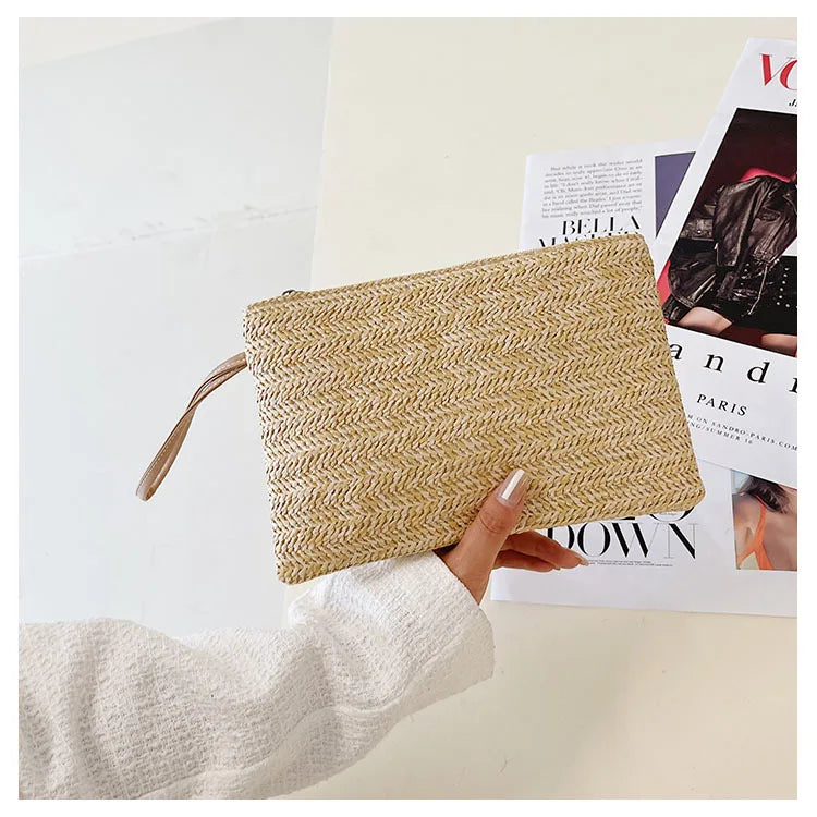 Woven Straw Wristlet Clutch Wallet for Women
