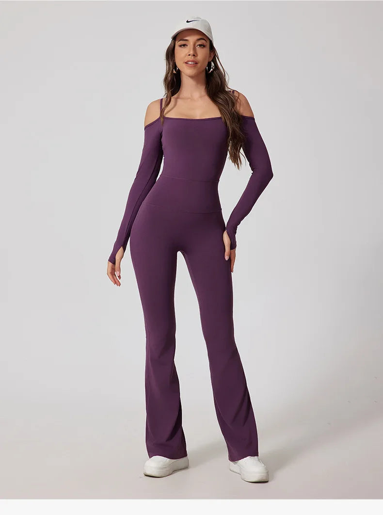 Women Yoga Jumpsuit Flared Trousers Fitness Bodysuit
