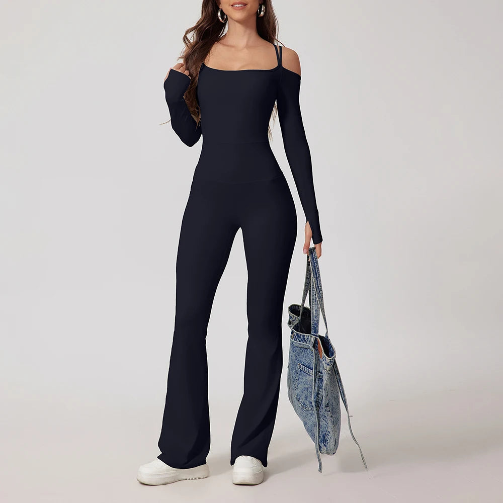 Women Yoga Jumpsuit Flared Trousers Fitness Bodysuit