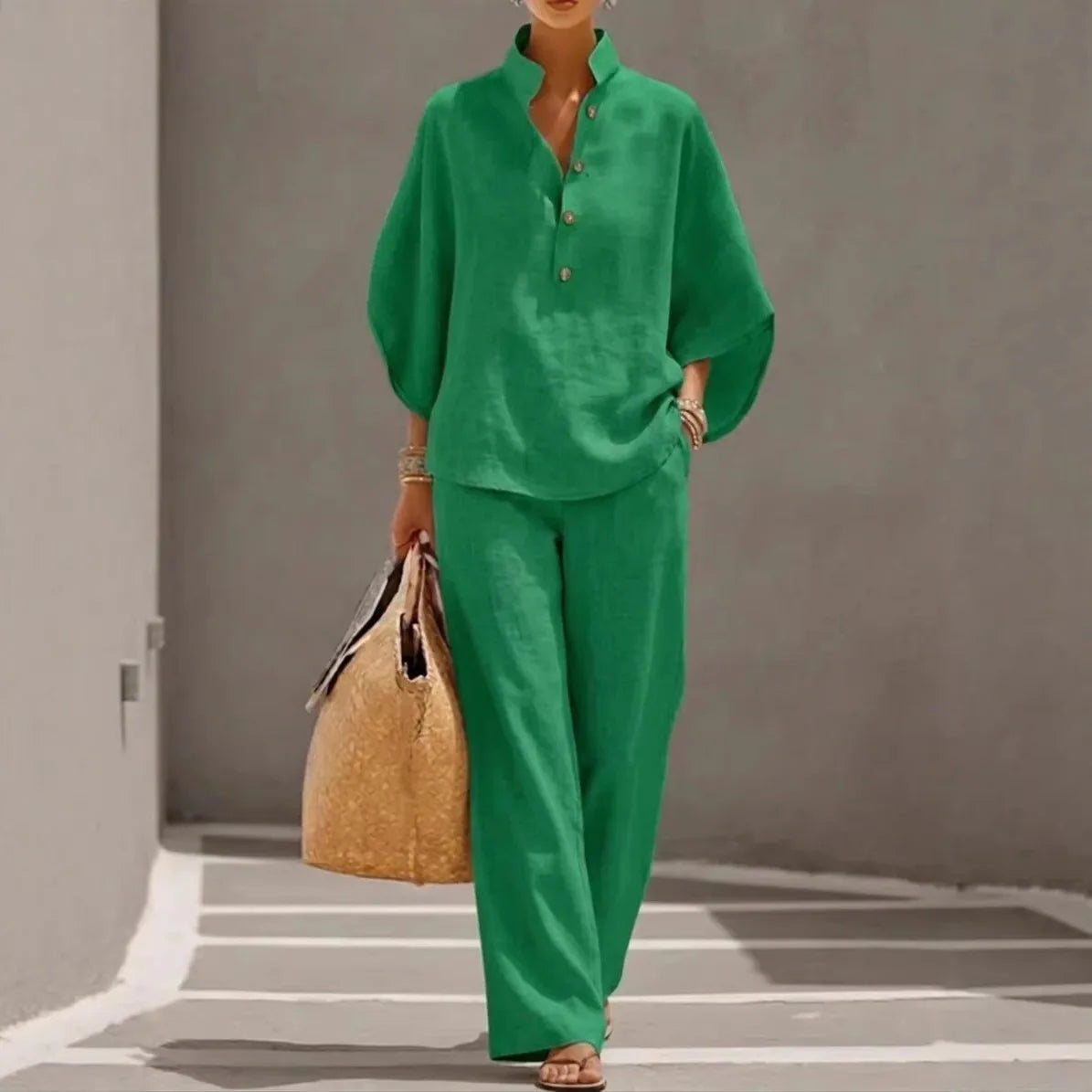 Women Cotton Linen 2 Piece Set Office Suit