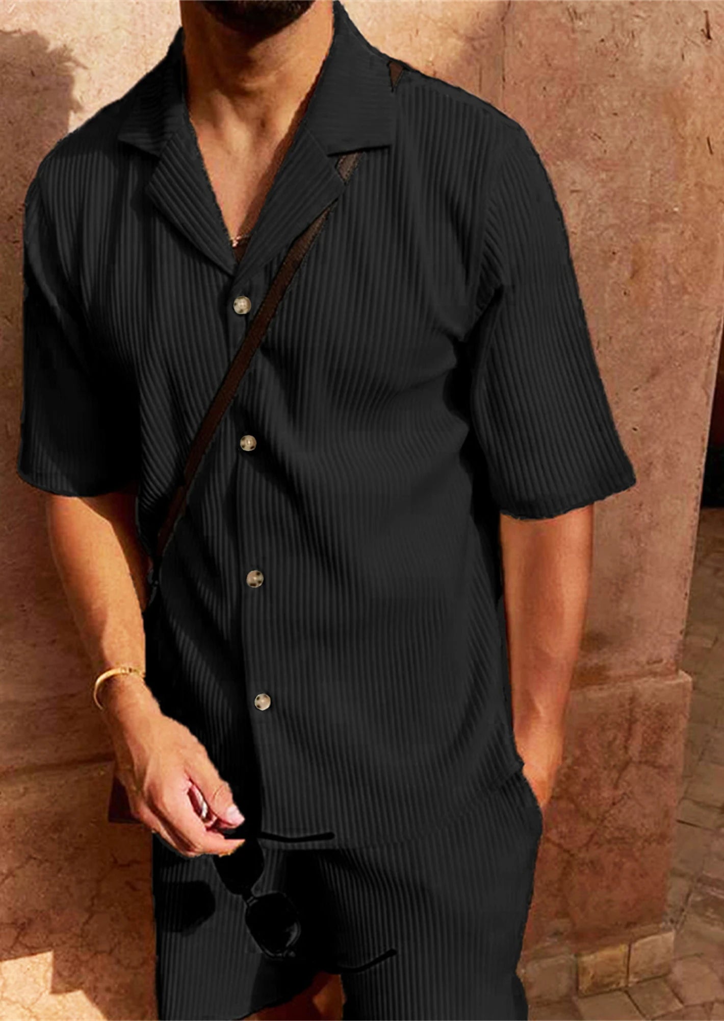 Men Corduroy Shirt and Shorts Casual Beach Set