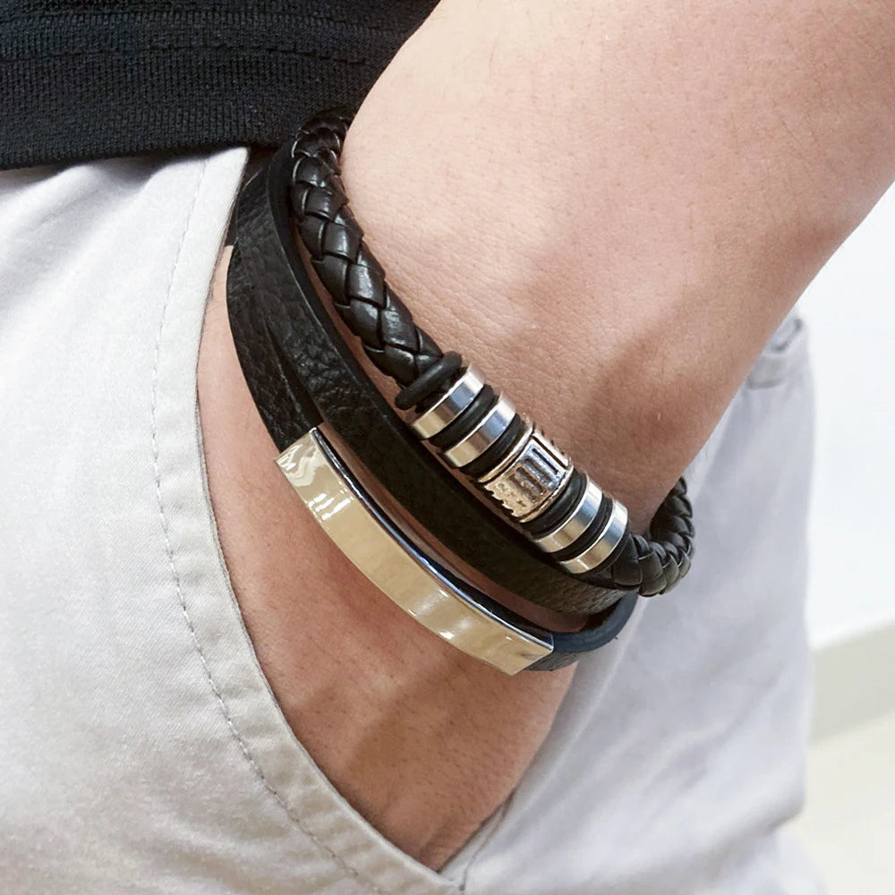 Men Multilayer Leather Rope Stainless Steel Bracelet