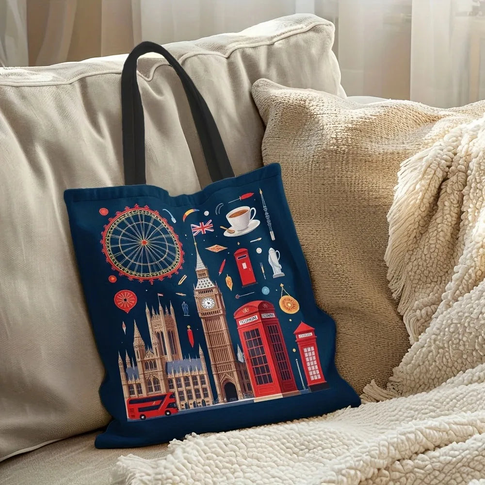London Theme Reusable Polyester Grocery Tote Bag for Women