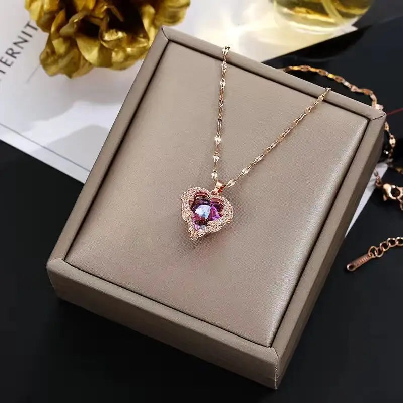 Women Crystal Ocean Heart Pendant Stainless Steel Necklace