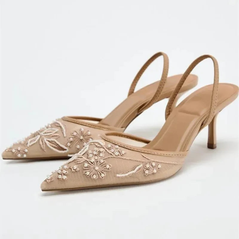 Women Mesh Embroidered High Heel Pumps