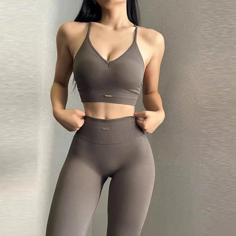 Women V Neck Yoga Set Sports Bra High Waist Leggings Bodysuit