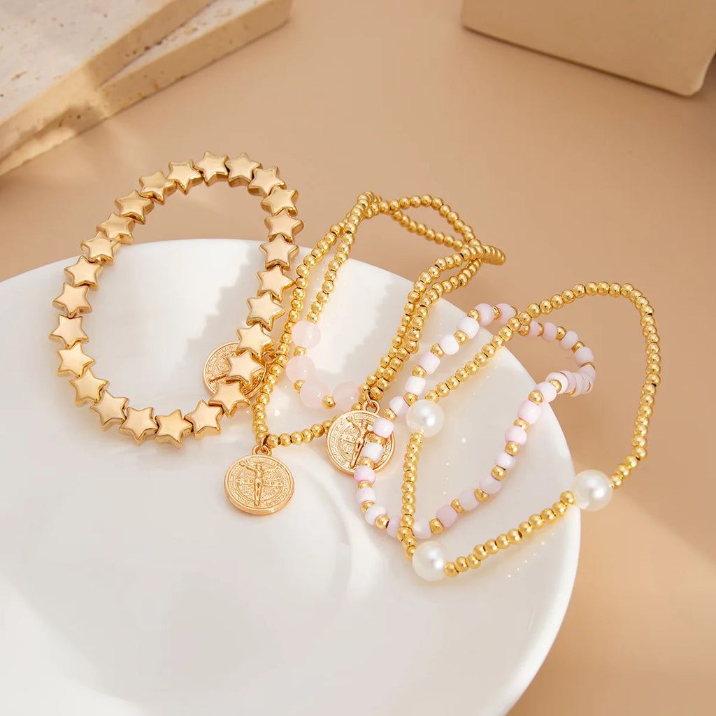 Women Retro Round Pendant Bead Layered Elastic Bracelet Fashion Jewelry