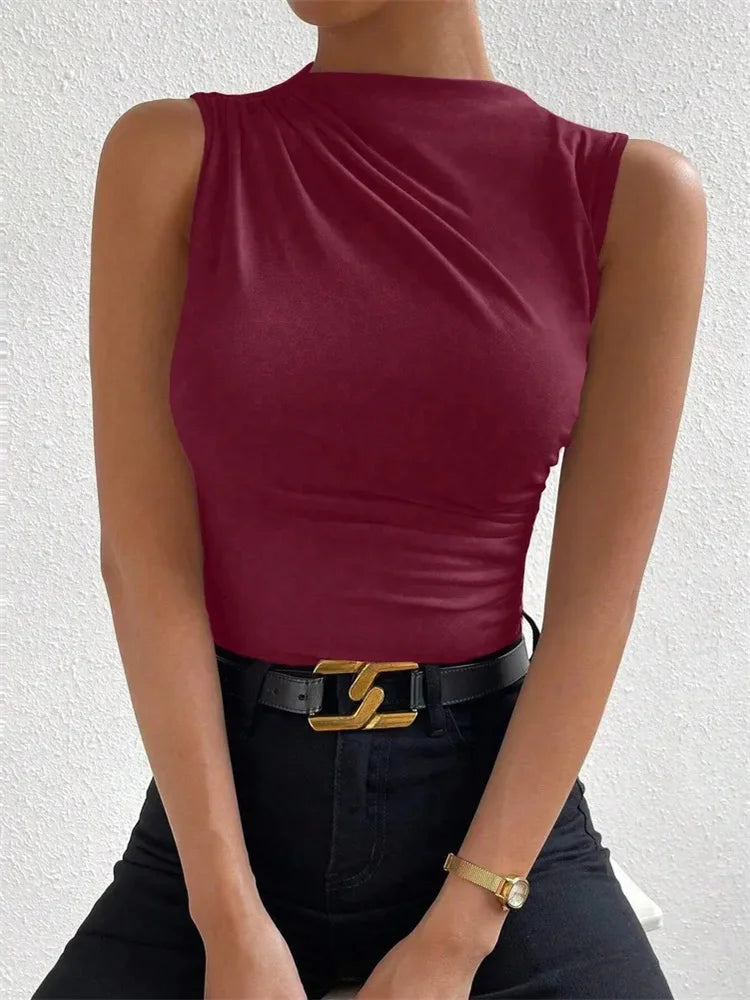Women Mock Neck Ruched Sleeveless Tank Top