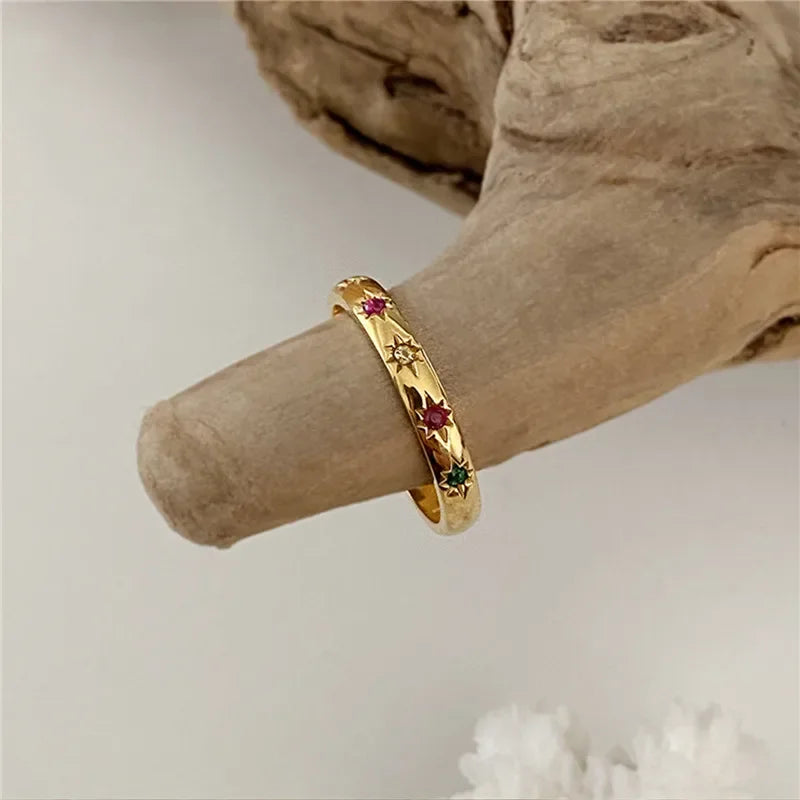 Women Rainbow Zircon Stainless Steel Star Rings Set
