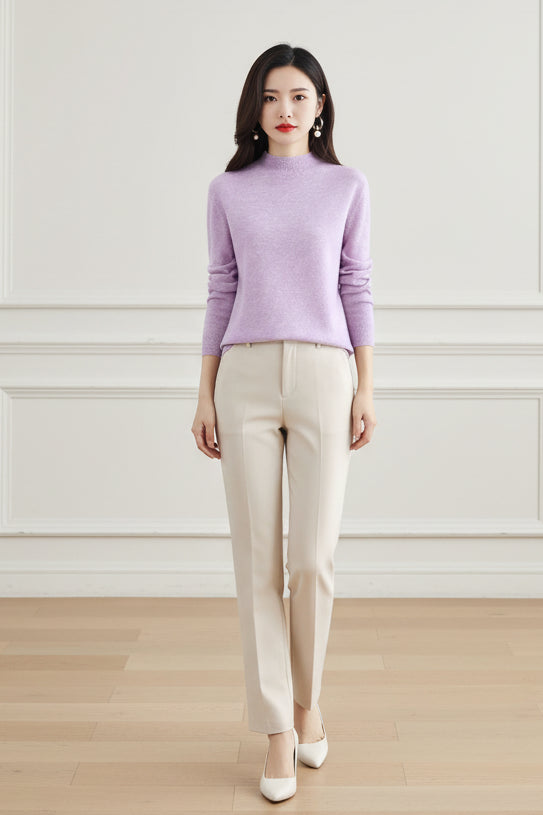 Merino Wool Cashmere Semi High Neck Sweater for Women