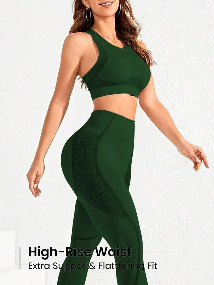 Women Seamless Yoga Bodysuit Set Sports Bra and High Waist Leggings