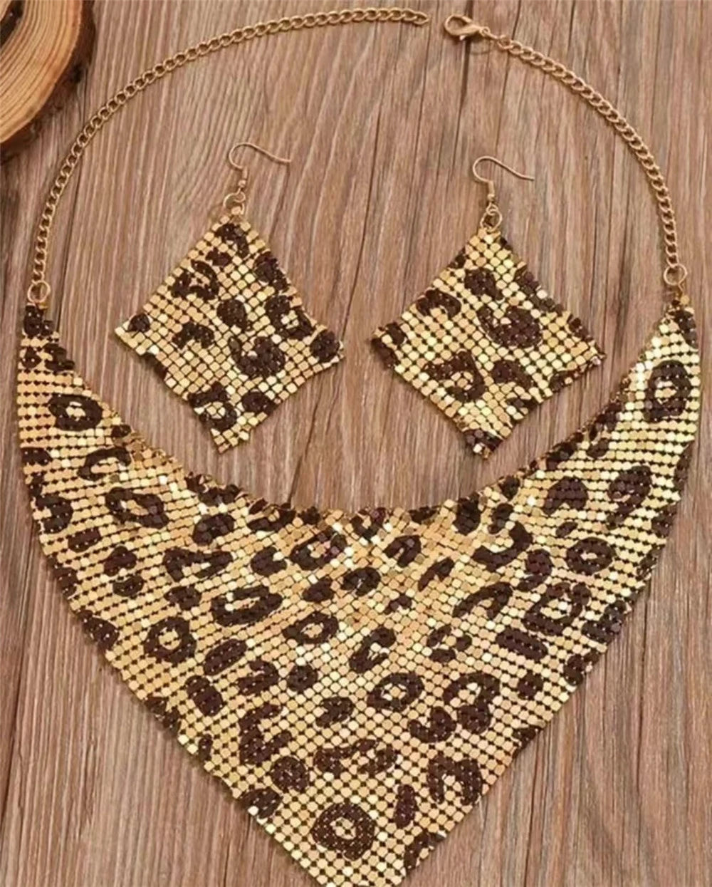 Women Leopard Print Bib Necklace Earrings Jewelry Set