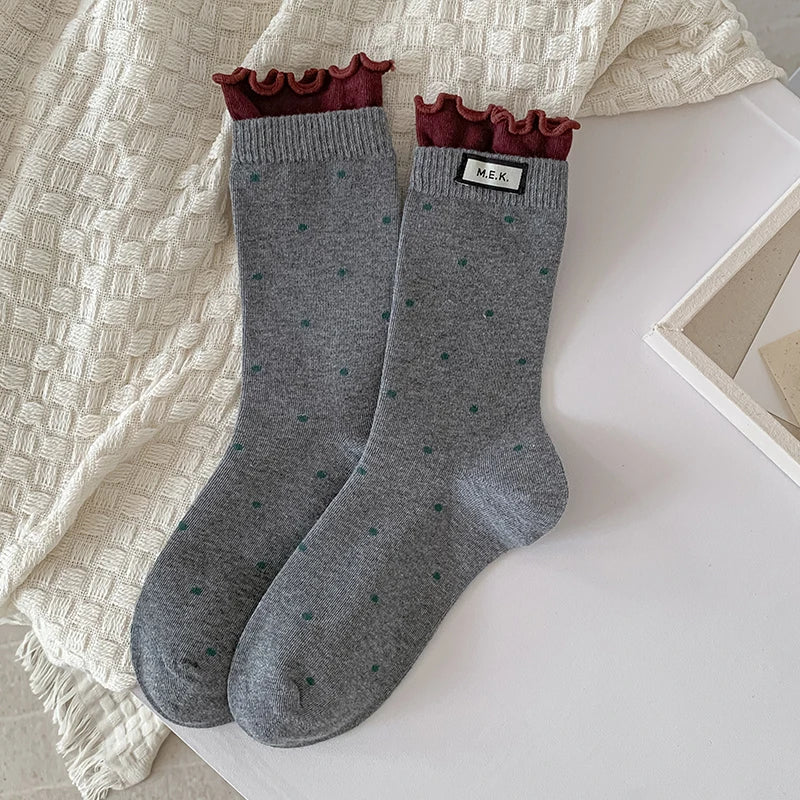 Polka Dot Frilly Long Socks for Women