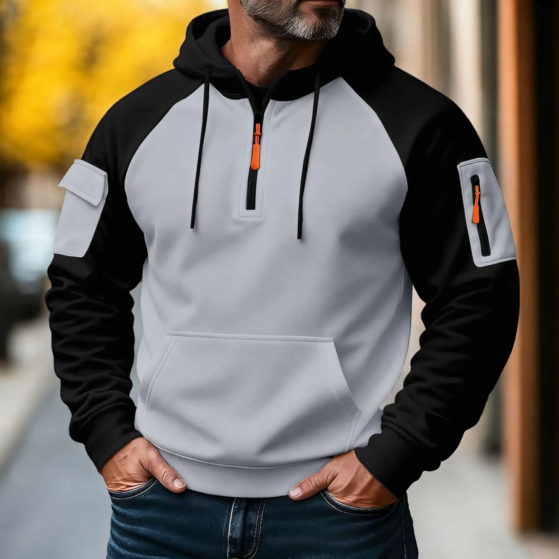 Men Hooded Zip Up  Jacket Multi Pocket Gym Hoodie