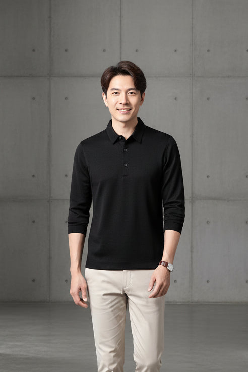 Men Business Casual Polo Long Sleeve T-shirt