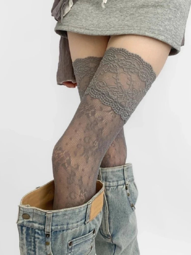 Lace Trim Fishnet Thigh High Stockings for Women