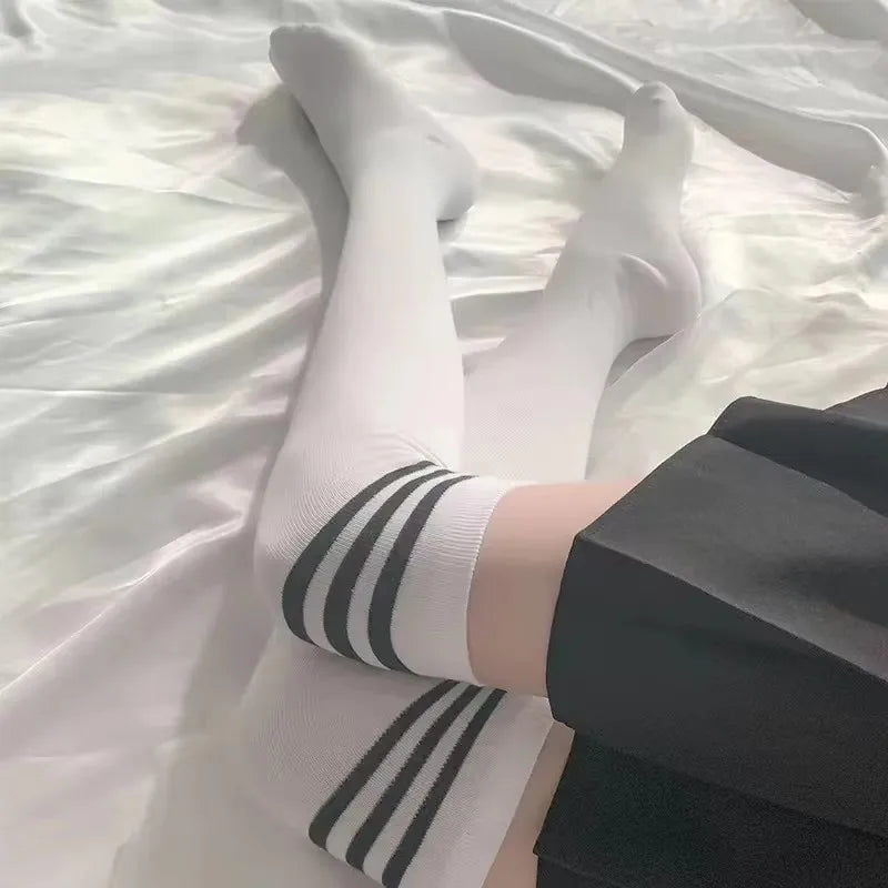 Solid Striped Thigh High Socks for Women