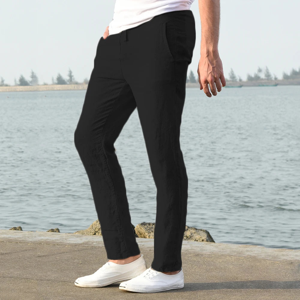 Men Cotton Linen Breathable Straight Trousers Casual