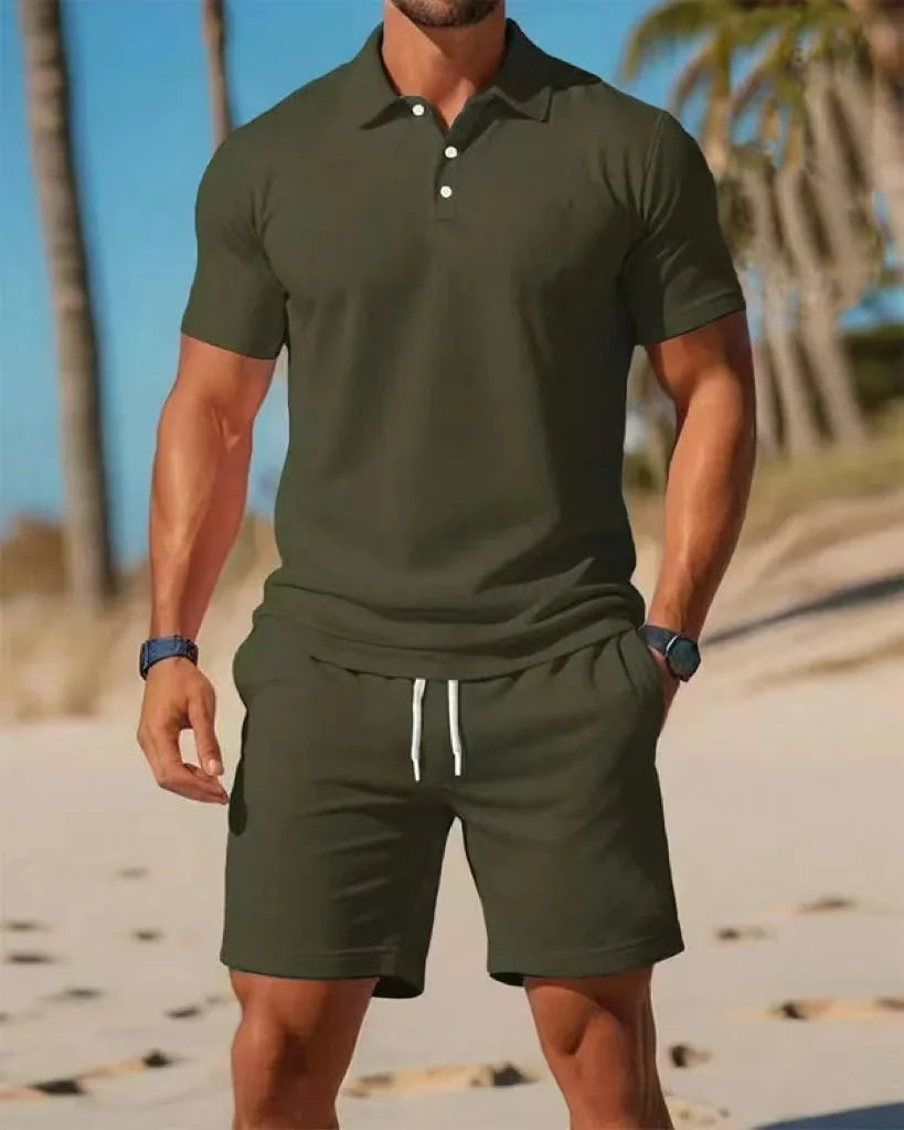 Men Polo Shirt and Mesh Shorts Casual Set