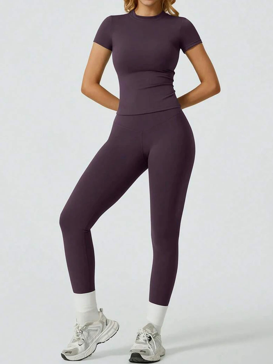 Women 2 Piece Yoga Set Short Sleeve Top and High Waist Leggings Fitness Outfit