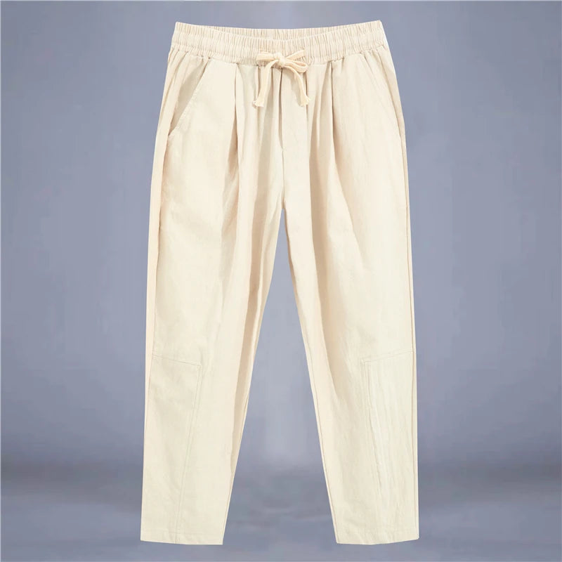 Men Cotton Linen Drawstring Casual Pants Loose Fit Trousers