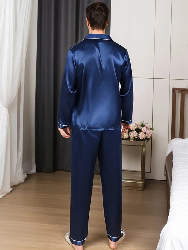 Men Microfiber Satin Pajama Set Long Sleeve Sleepwear