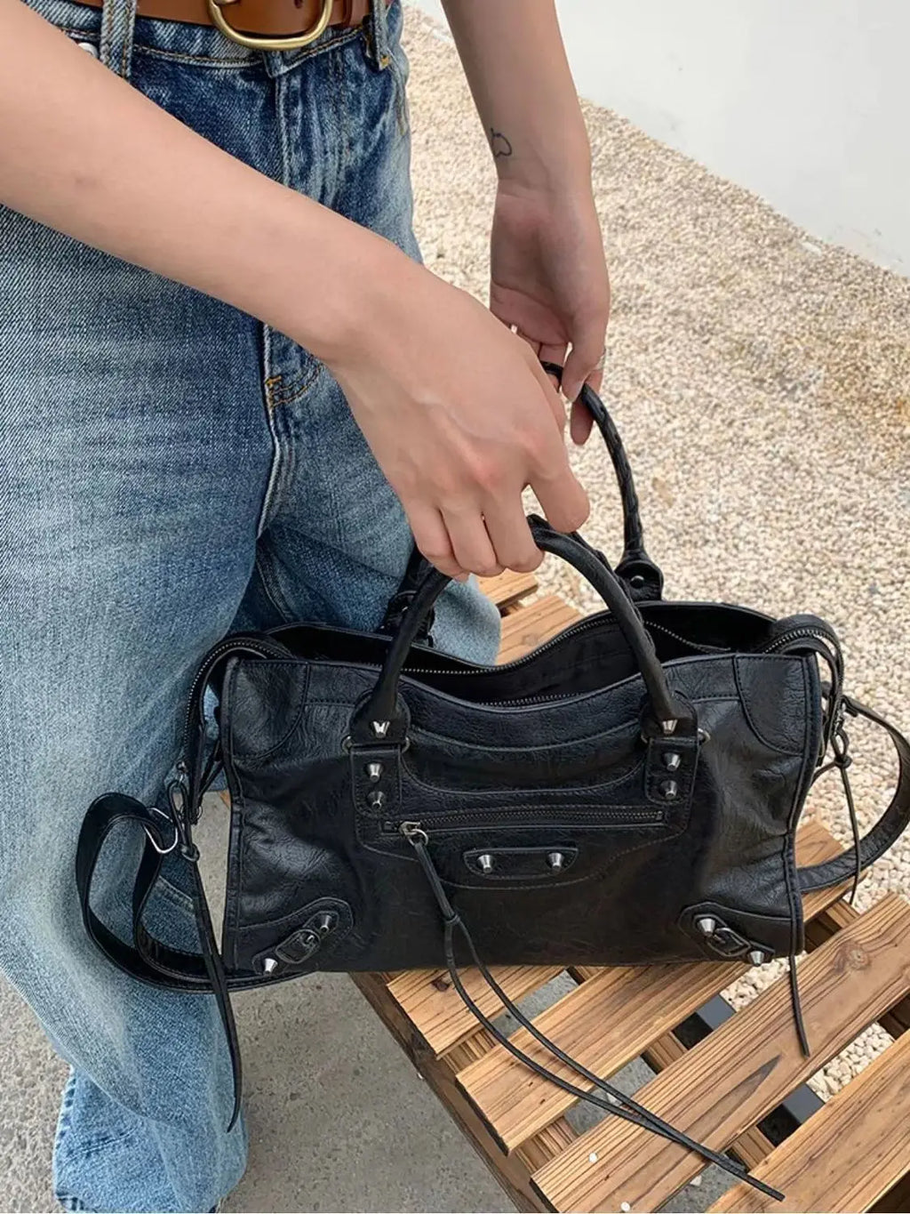 Y2K PU Leather Motorcycle Style Crossbody Tote Bag for Women