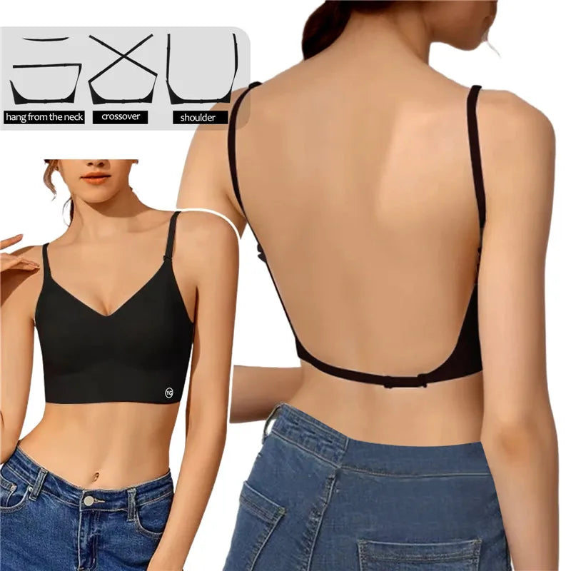 Backless Deep U Plunge Push Up Strapless Bra for Women with Clear Straps