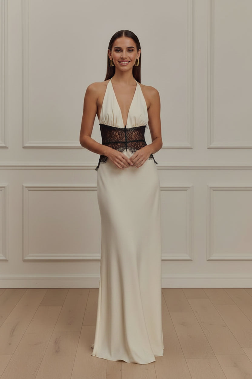 Women Lace Halter Deep V Neck Maxi Dress