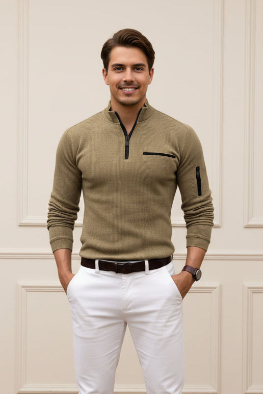 Men Retro Striped Zipper Sleeve T-shirt