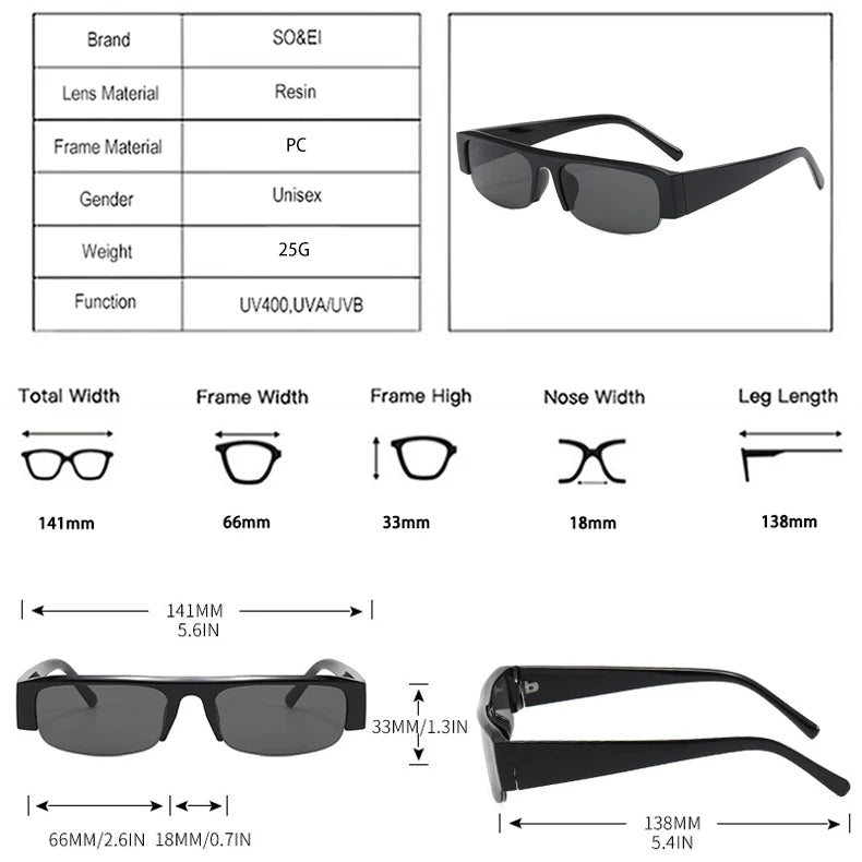 Women Small Rectangle Half Frame UV400 Sunglasses