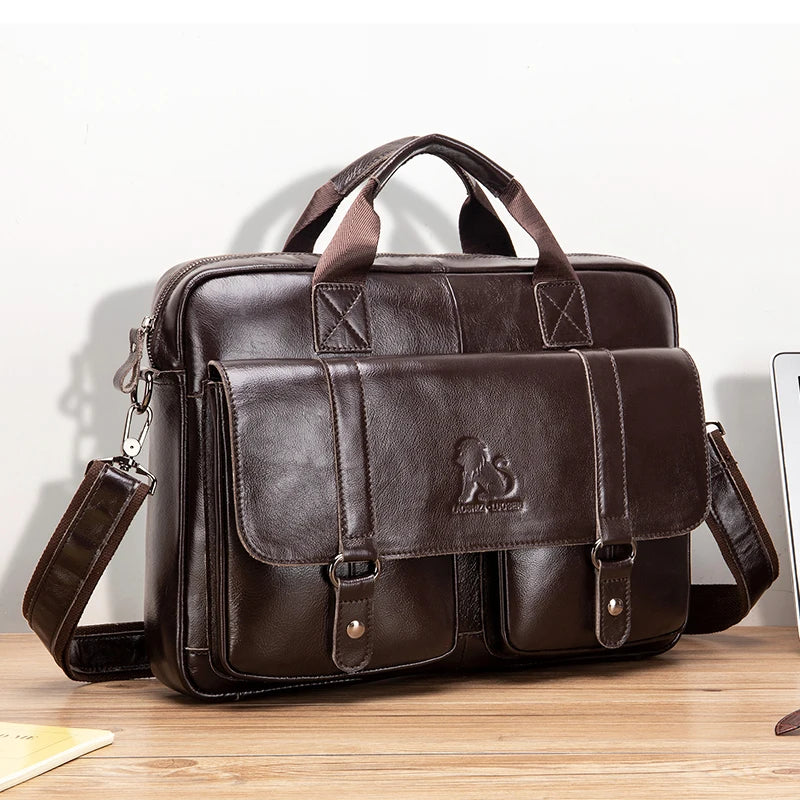 Genuine Leather Double Pocket Briefcase Laptop Crossbody Bag for Men