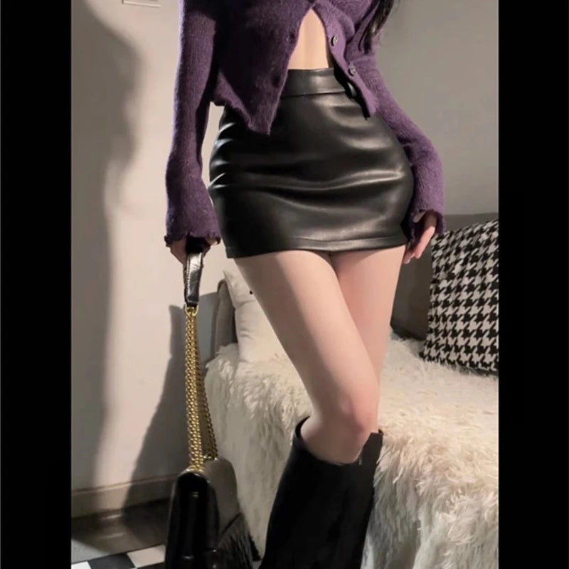 Women Leather Matte Slim Mini Skirt