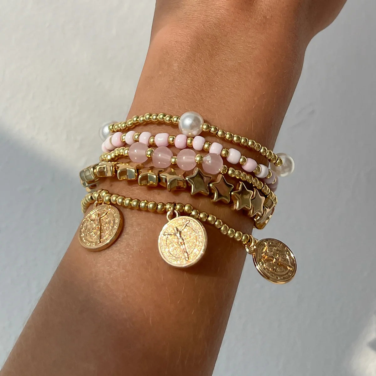 Women Retro Round Pendant Bead Layered Elastic Bracelet Fashion Jewelry