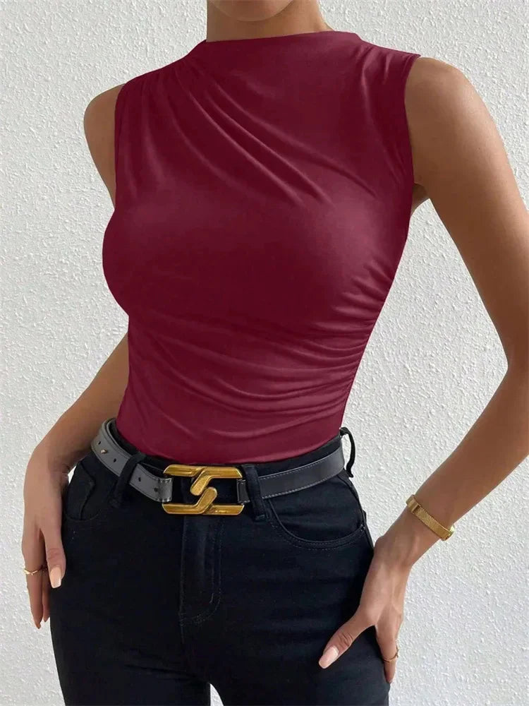Women Mock Neck Ruched Sleeveless Tank Top