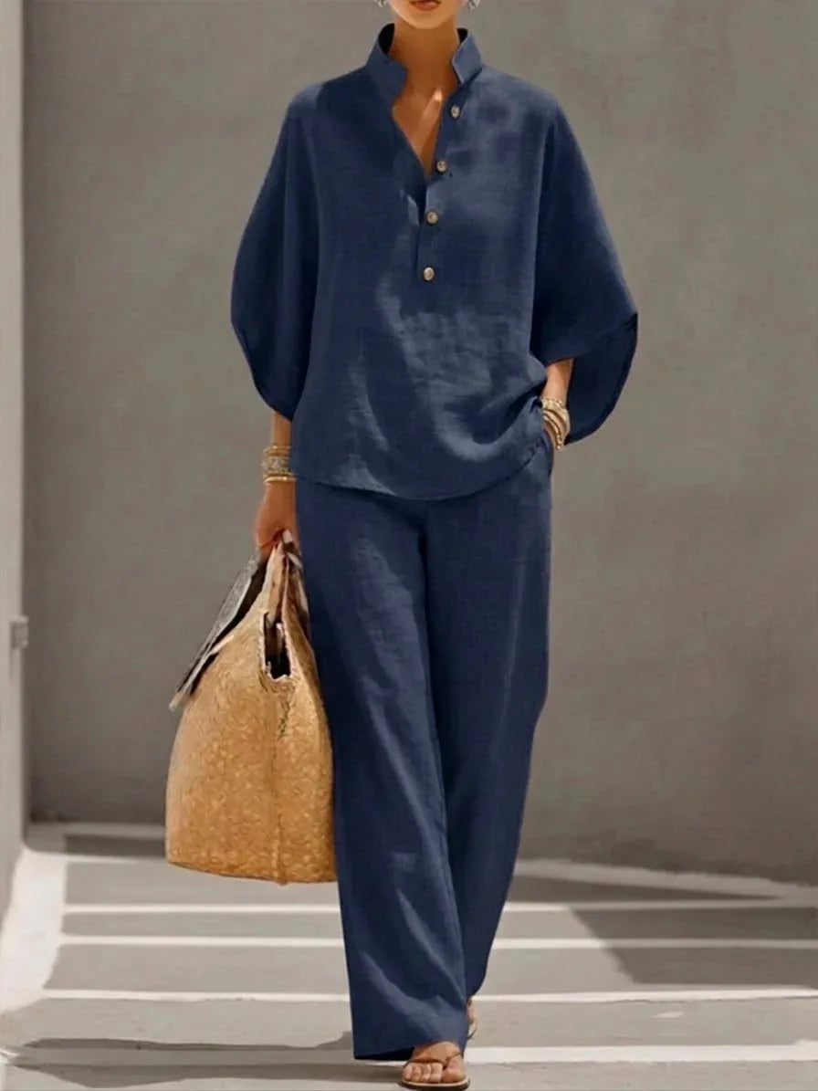 Women Cotton Linen 2 Piece Set Office Suit