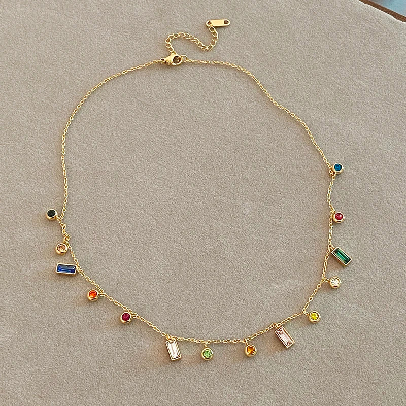 Women Colorful Zircon Stainless Steel Short Chain Necklace