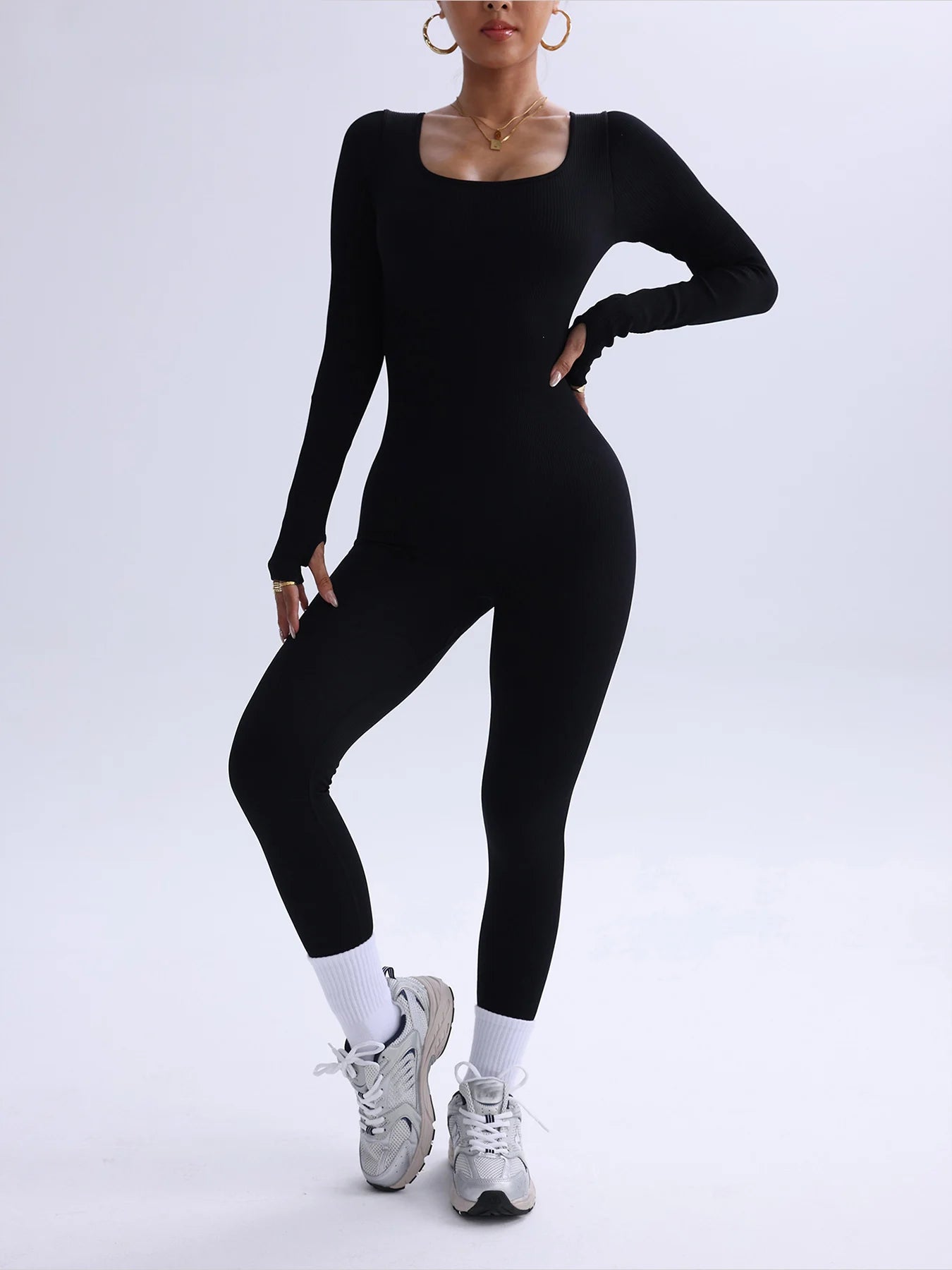 Women Black Long Sleeve Yoga Jumpsuit One Piece Bodysuit