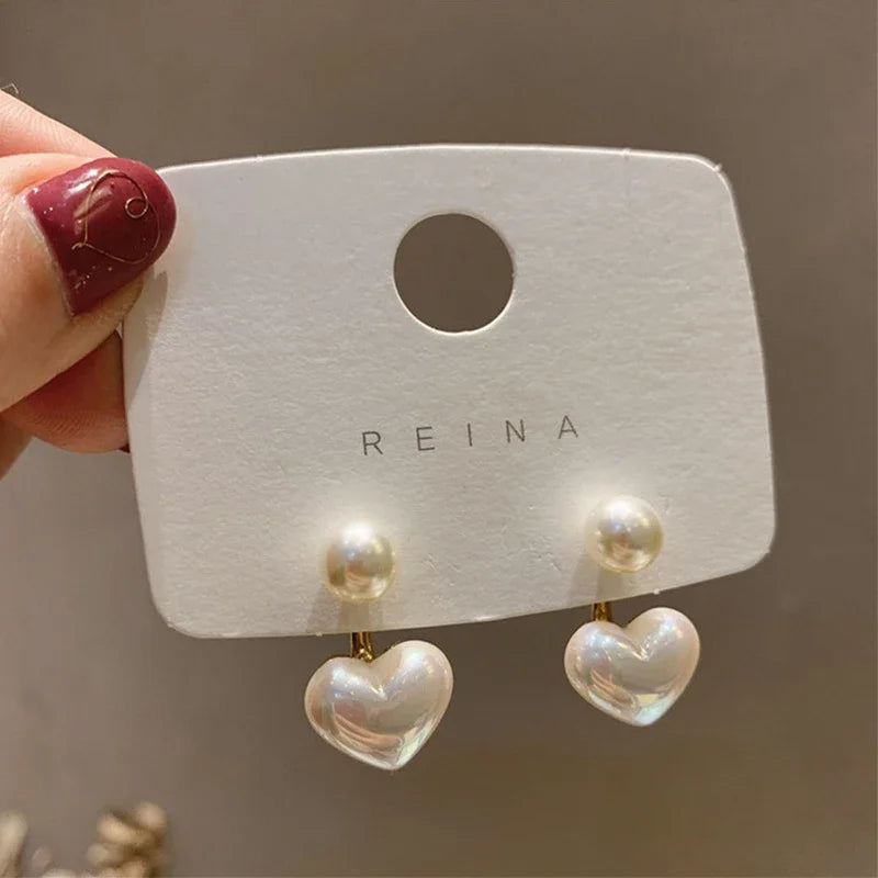 Women Pearl Heart Drop Earrings Elegant Fashion Jewelry