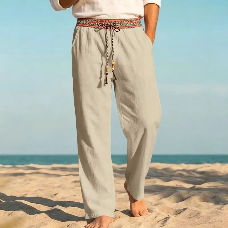 Men Linen Straight Leg Beach Pants
