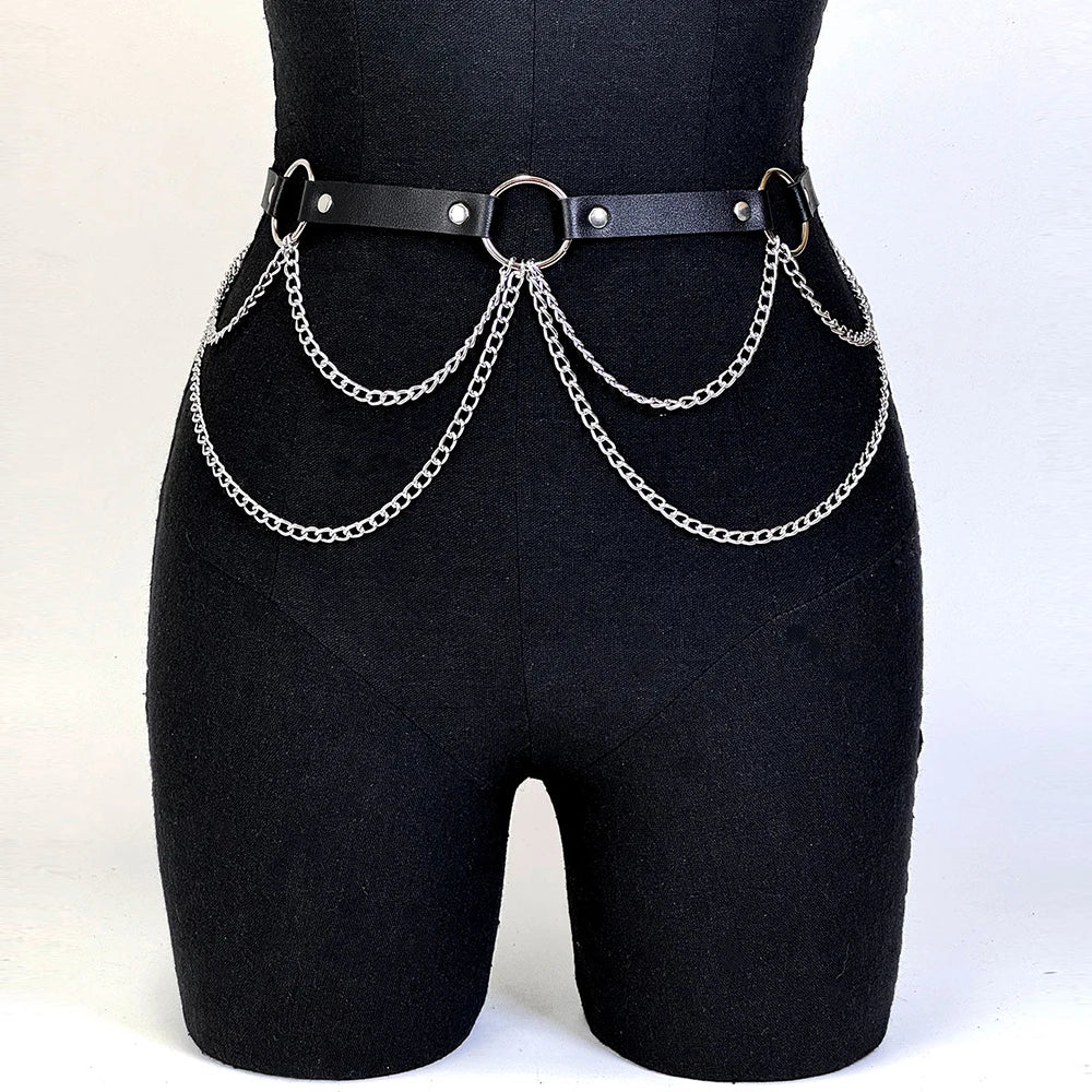 Women Punk Gothic Leather Waist Chain Harness Belt