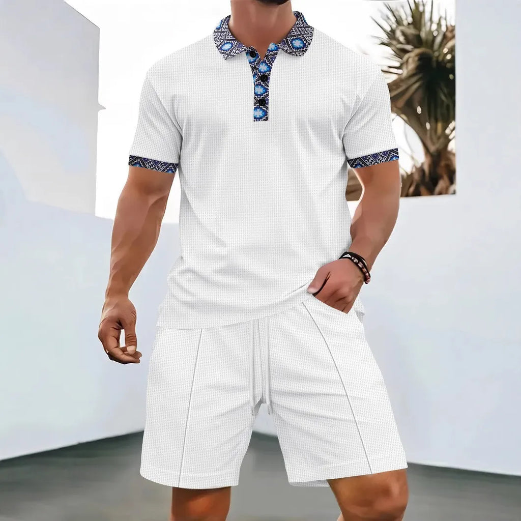Men Waffle Zip Up Polo Shirt and Shorts Set