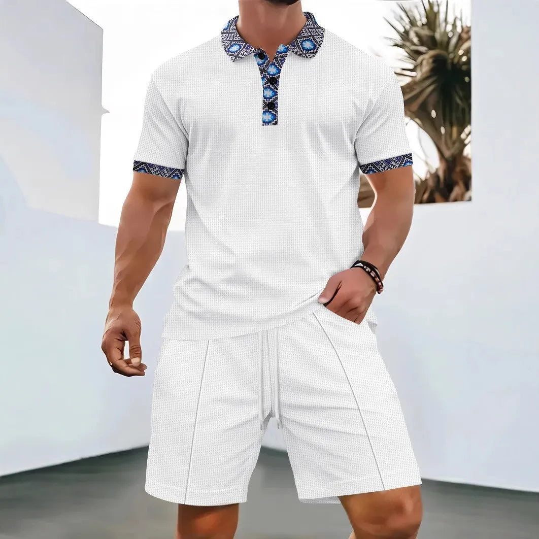 Men Waffle Zip Up Polo Shirt and Shorts Set