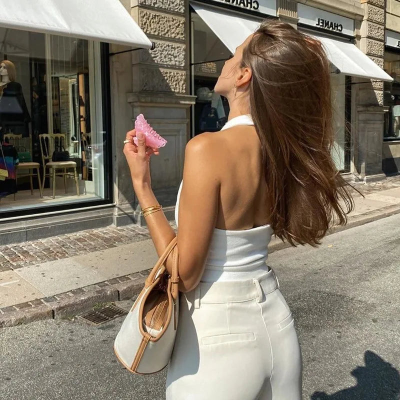 Women Ribbed Halter Neck Crop Tank Top Backless Slim Fit Cami