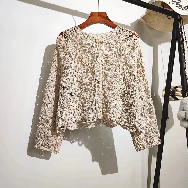 Crochet Knit Button Up Beach Cover Up Cardigan for Women