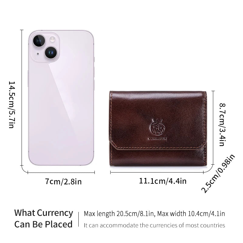 Genuine Leather RFID Tri Fold Wallet for Men with Coin Pocket