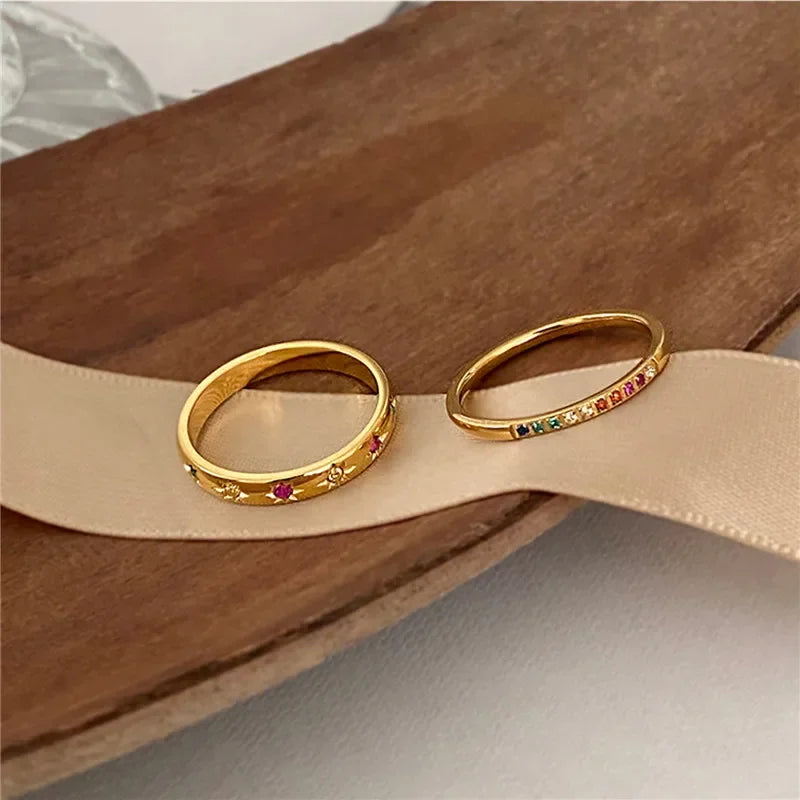 Women Rainbow Zircon Stainless Steel Star Rings Set