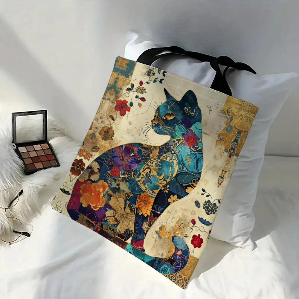 Floral Cat Canvas Tote Shoulder Bag for Women