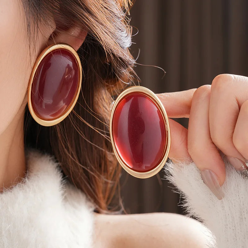Women Vintage Red Resin Geometric Oval Stud Earrings
