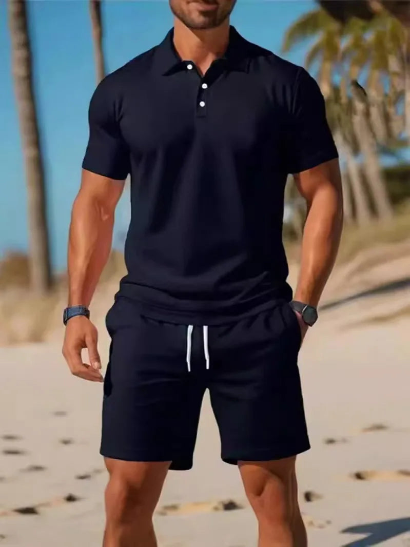 Men Polo Shirt and Mesh Shorts Casual Set